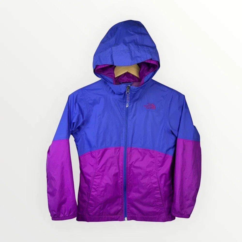 The North Face Windbreaker Jacket Girls Medium 10/12 Purple Blue Hooded Lined
